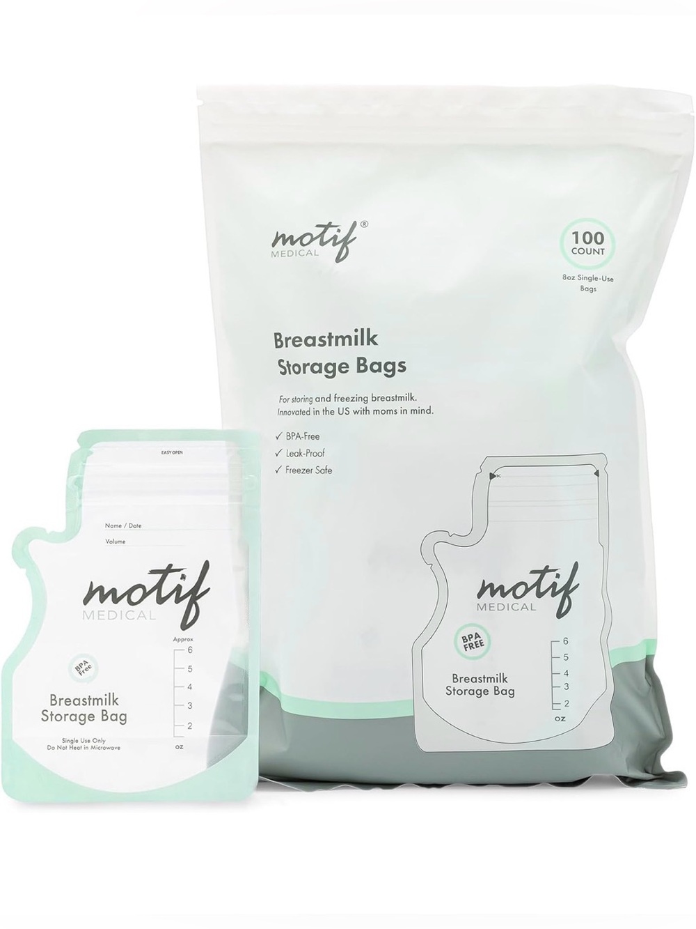 Motif Medical Mint & White Breastmilk Storage Bags - 100 Count